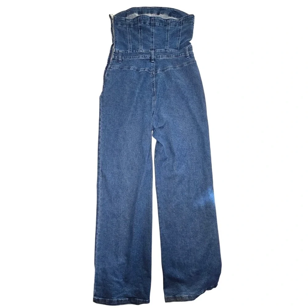 Forever 21 Stretch Denim Strapless Wide Leg Jumpsuit Women's Size M great design
